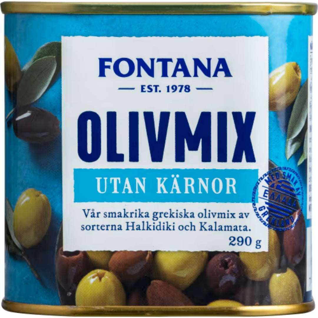 Fontana Olivmix Halkidiki & Kalamata Utan Kärnor - Pitted Greek Kalamata & Halkidiki Olives 290g