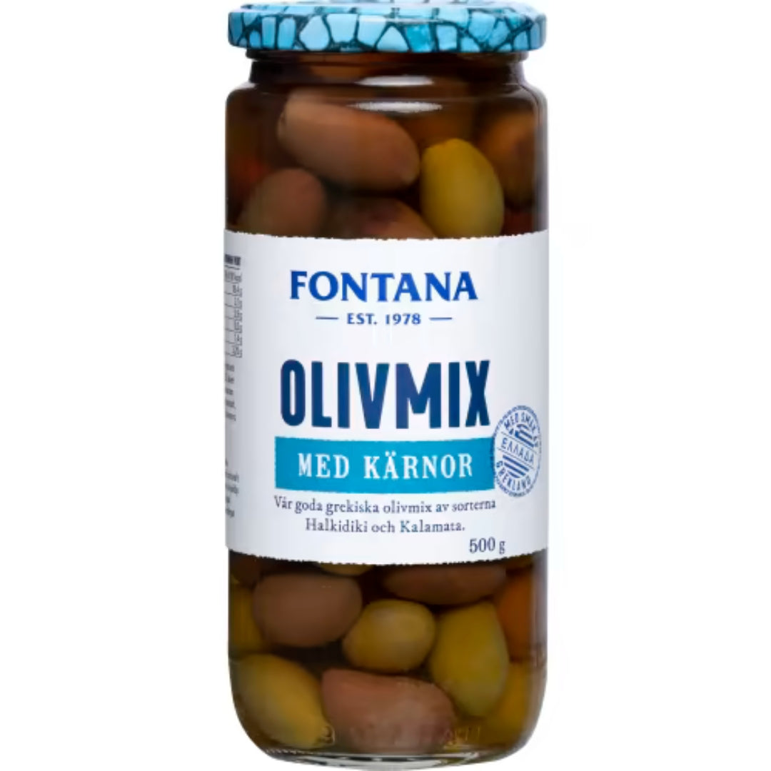 Fontana Olivmix Halkidiki & Kalamata med Kärnor - Mix of Greek Kalamata and Halkidiki Olives with Pits 500g