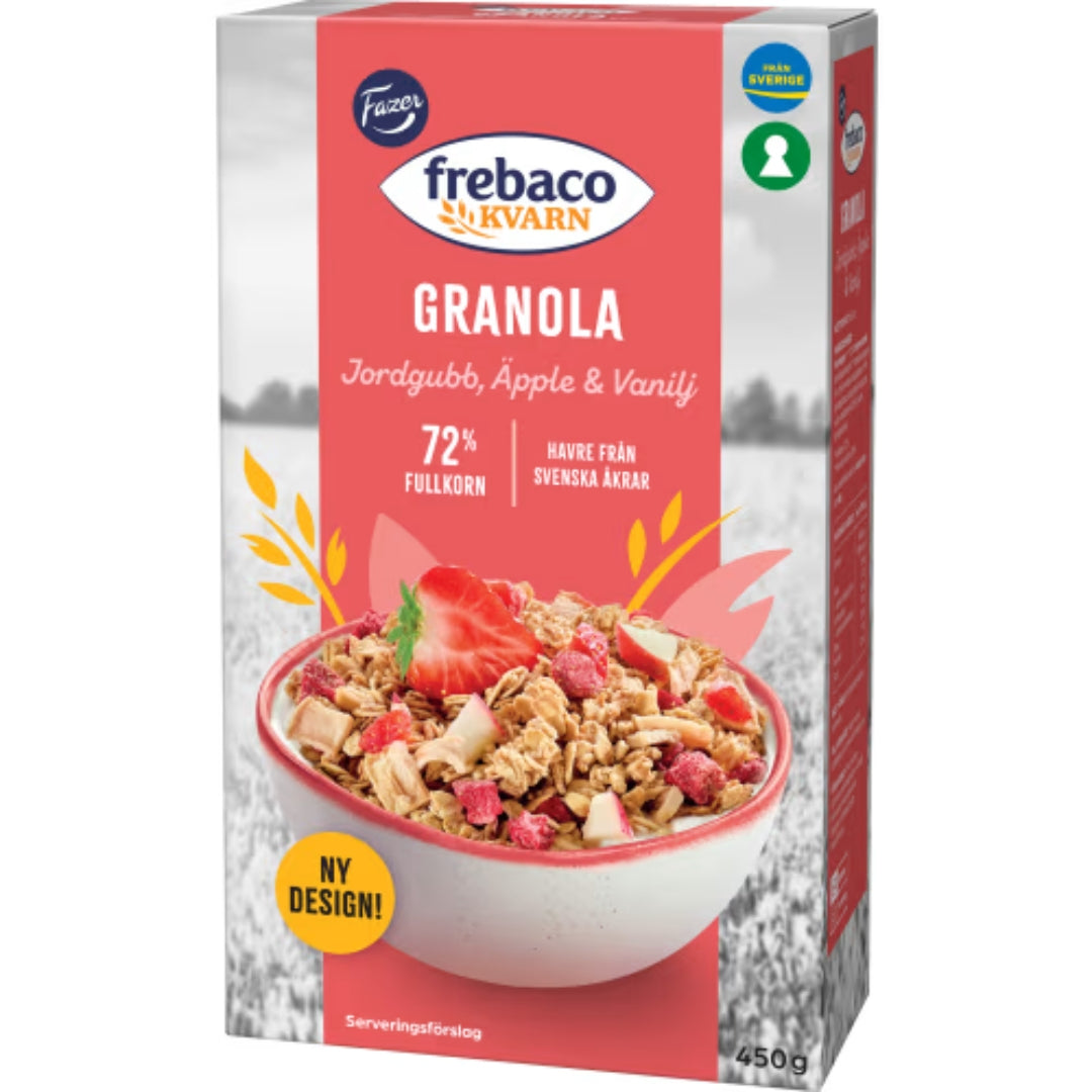 Frebaco Kvarn Jordgubb Äpple Vanilj Granola Svensk - Strawberry, Apple & Vanilla Granola 450g