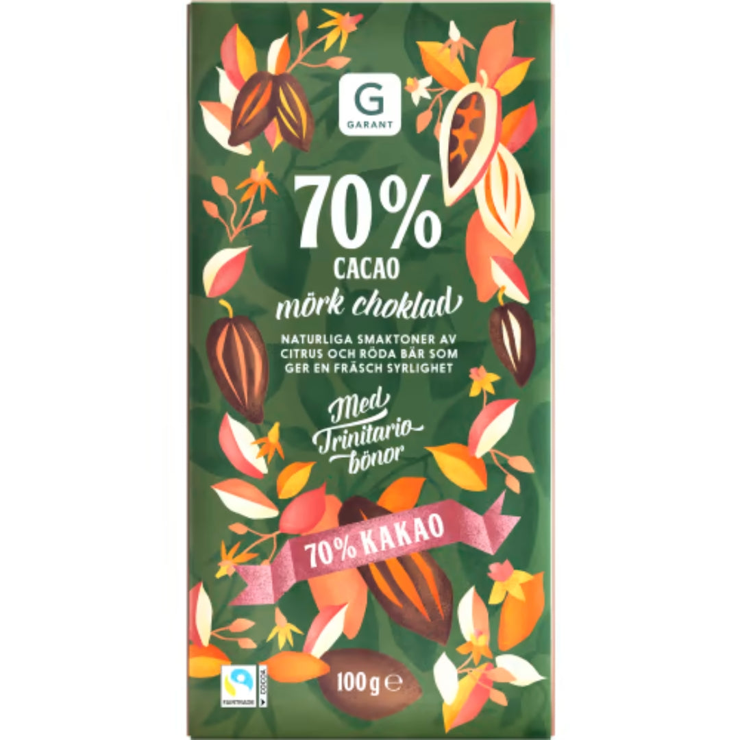Garant Cacao Mörk Choklad 70% Kakao - Rich Chocolate with Citrus and Red Berry 100g