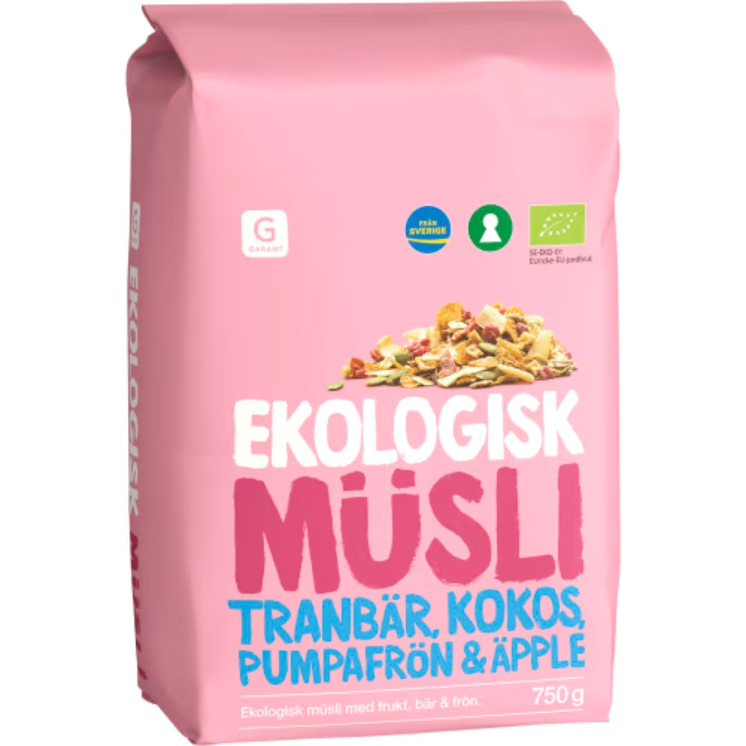 Garant Eko Müsli Tranbär Kokos Pumpafrö Äpple - Organic Muesli with Cranberries, Coconut, Pumpkin Seeds & Apple 750g
