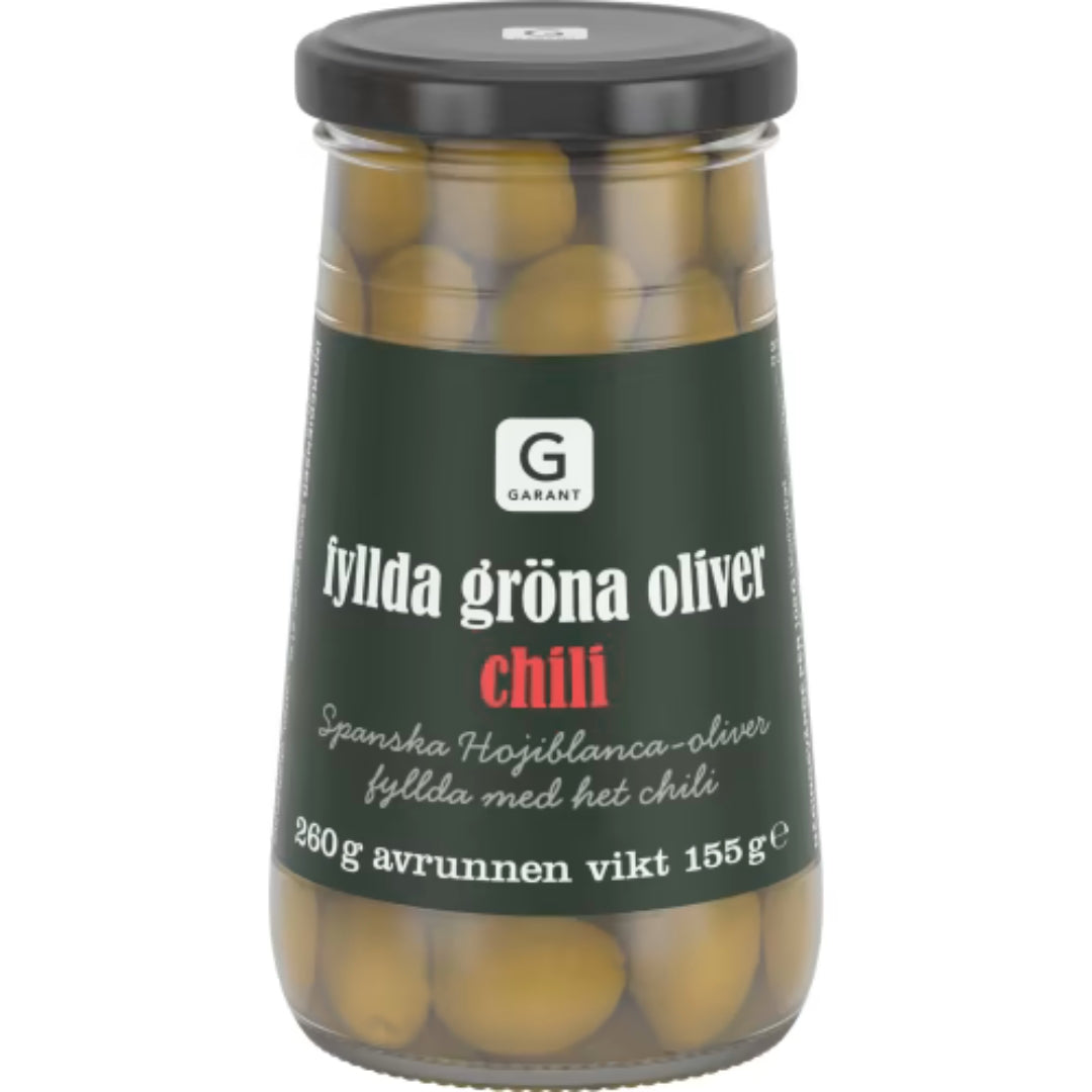 Garant Gröna Oliver med Chili - Green Olives Stuffed with Chili 260g