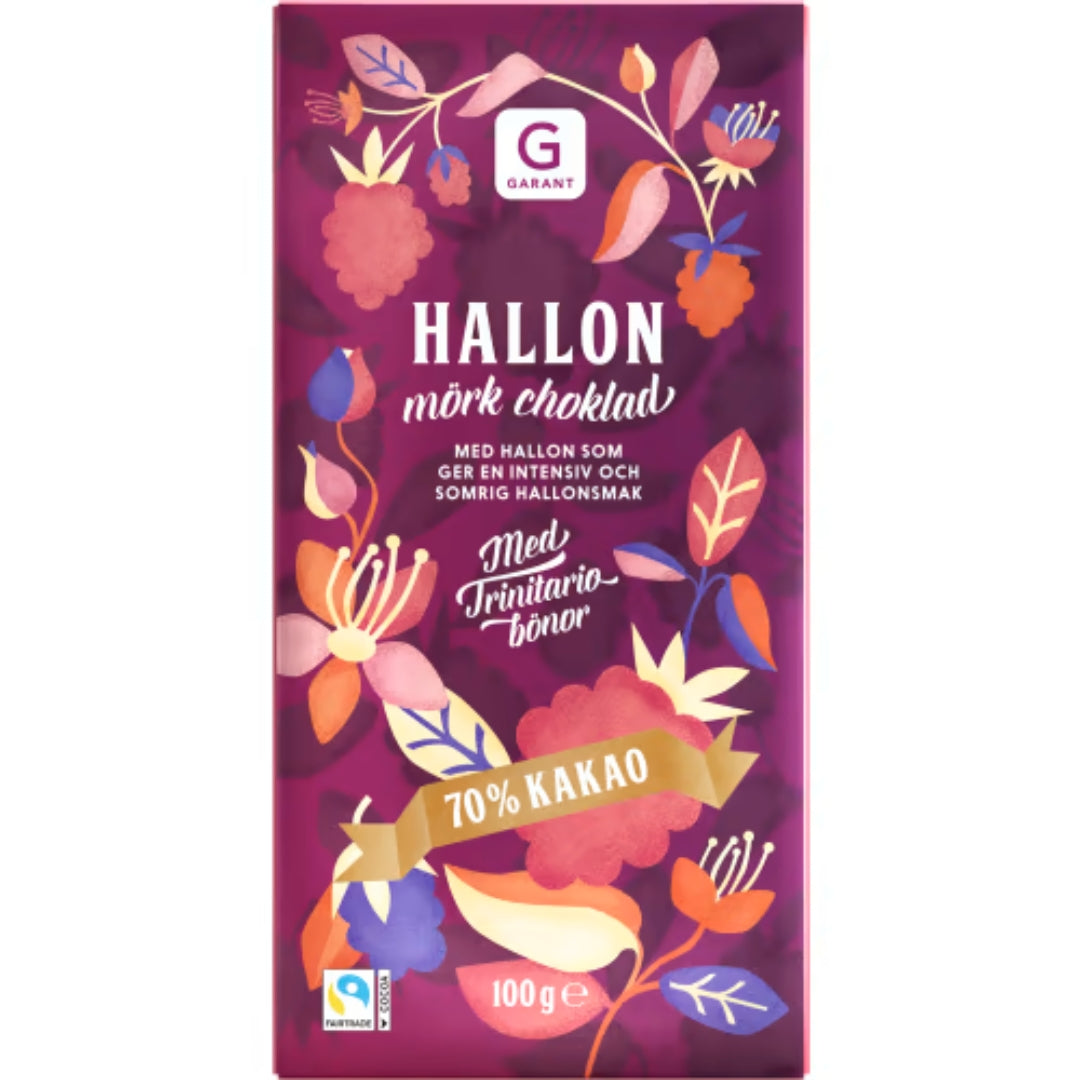 Garant Hallon Mörk Choklad 70% Kakao - Dark Chocolate 70% with Raspberry 100g