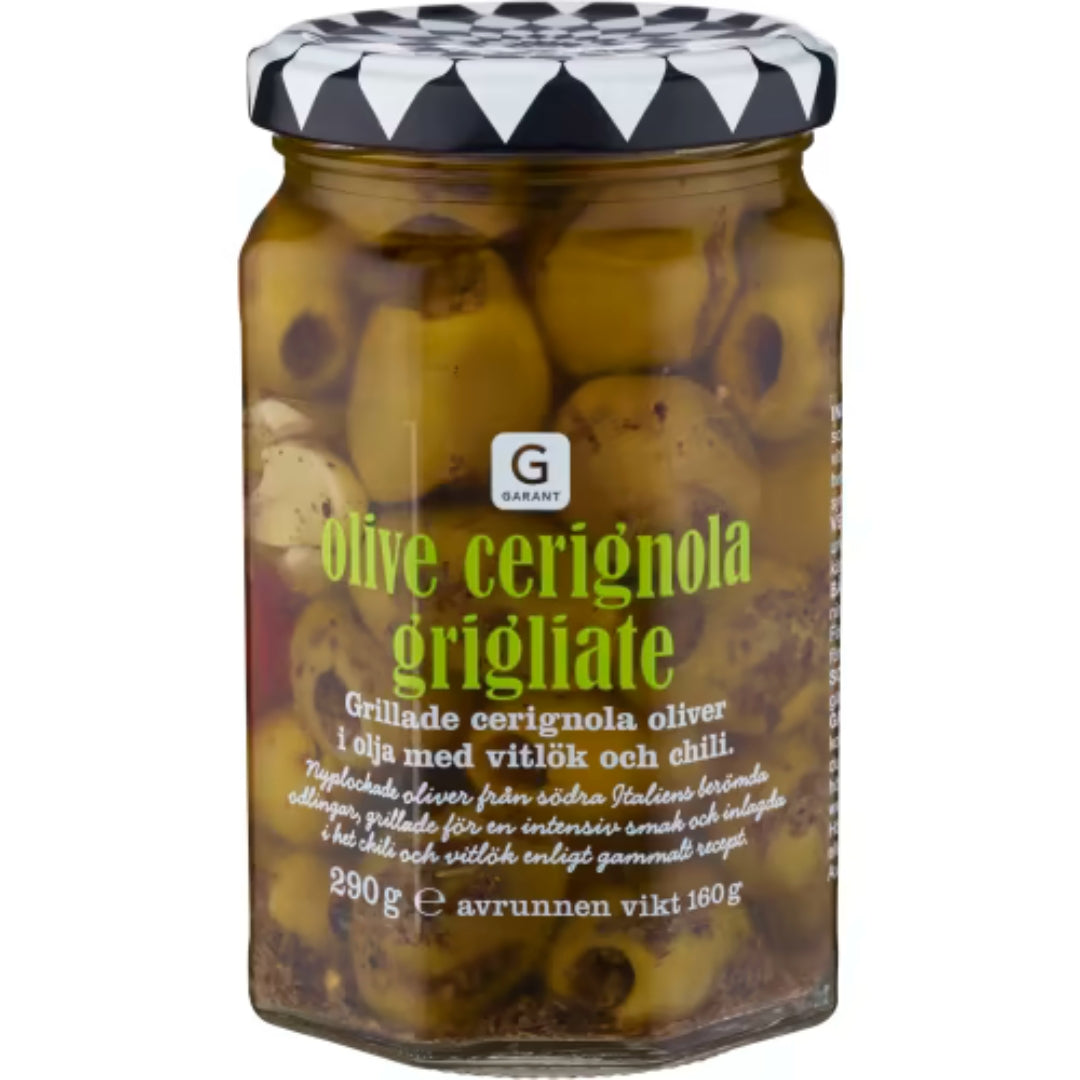 Garant Oliver Cerignola Grigliate - Grilled Cerignola Olives in Oil with Garlic & Chili 290g