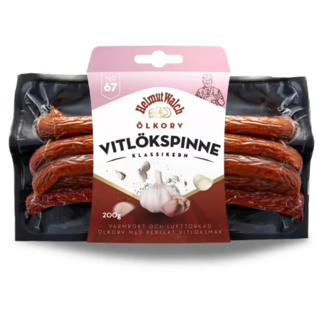 Helmut Walch Vitlökspinne Ölkorv - Hot-Smoked and Air-Dried Beer Sausage with Perfect Garlic Flavor 200g