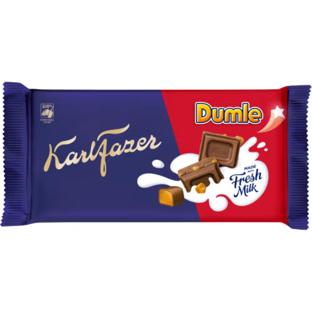 Karl Fazer Dumle Original Chokladkaka - Milk Chocolate with pieces of Dumle Toffee 145g