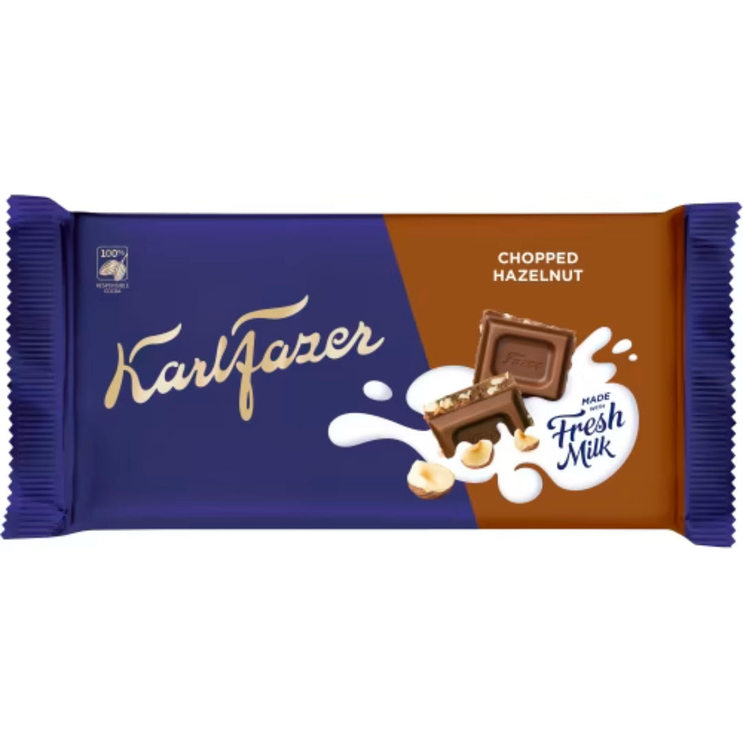 Karl Fazer Hackad Hasselnöt Chokladkaka - Milk Chocolate bar with Chopped Hazelnuts 145g