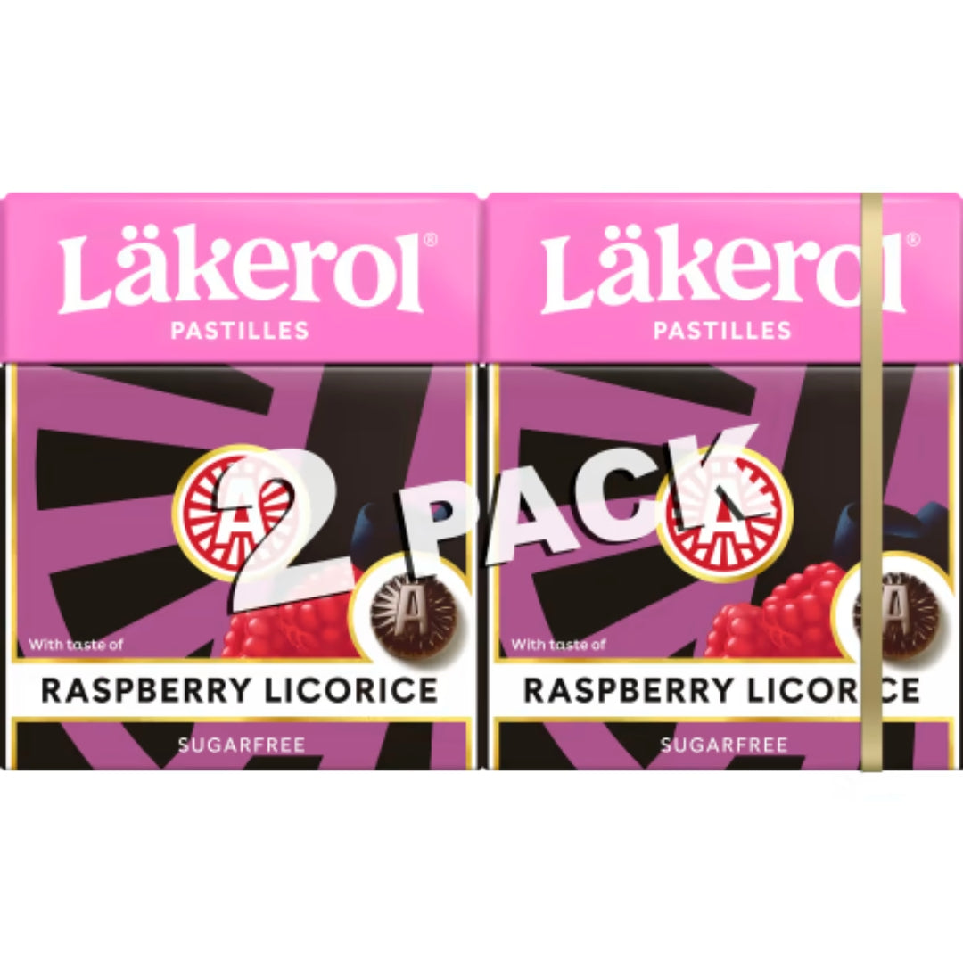 Pacchetto 2 pacchetti di liquirizzini di lampone läkerol-lampone senza zucchero e pastille al gusto di liquirizzazione 2p/50g