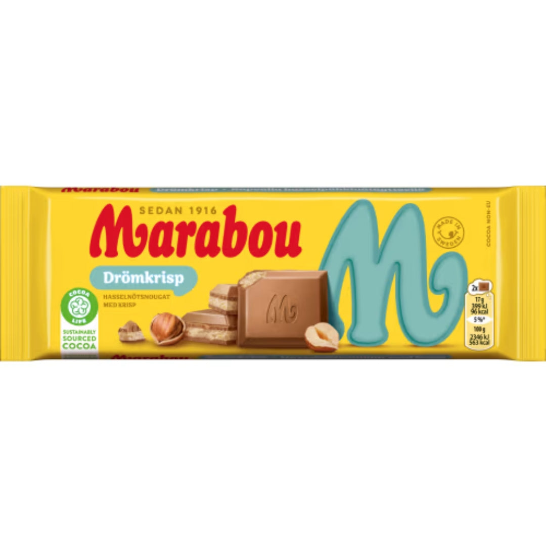 Marabou DrömKrisp Hasselnougat - Maito suklaapalkki, jossa on hasselpähkinä Nougat, rapeat bitit ja ripaus suolaa 100 g