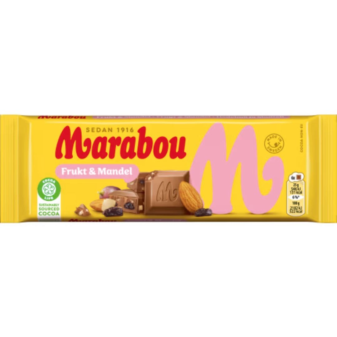 Marabou Frukt & Mandel Chokladkaka - Milk Chocolate bar with Raisins and Chopped Almonds 100g