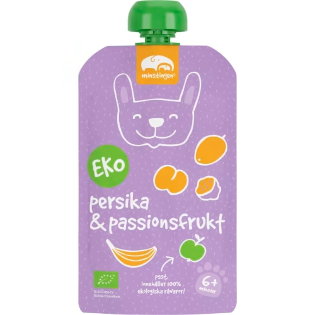 Minstingen Persika Passionsfrukt 6 Månader - Organic Peach & Passion Fruit Purée 120g