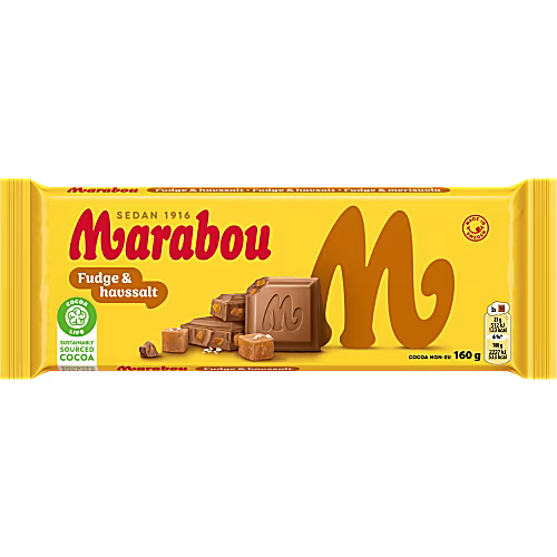 Marabou Mjölkchoklad Fudge & havssalt – Milk Chocolate With Fudge and sea salt 160g