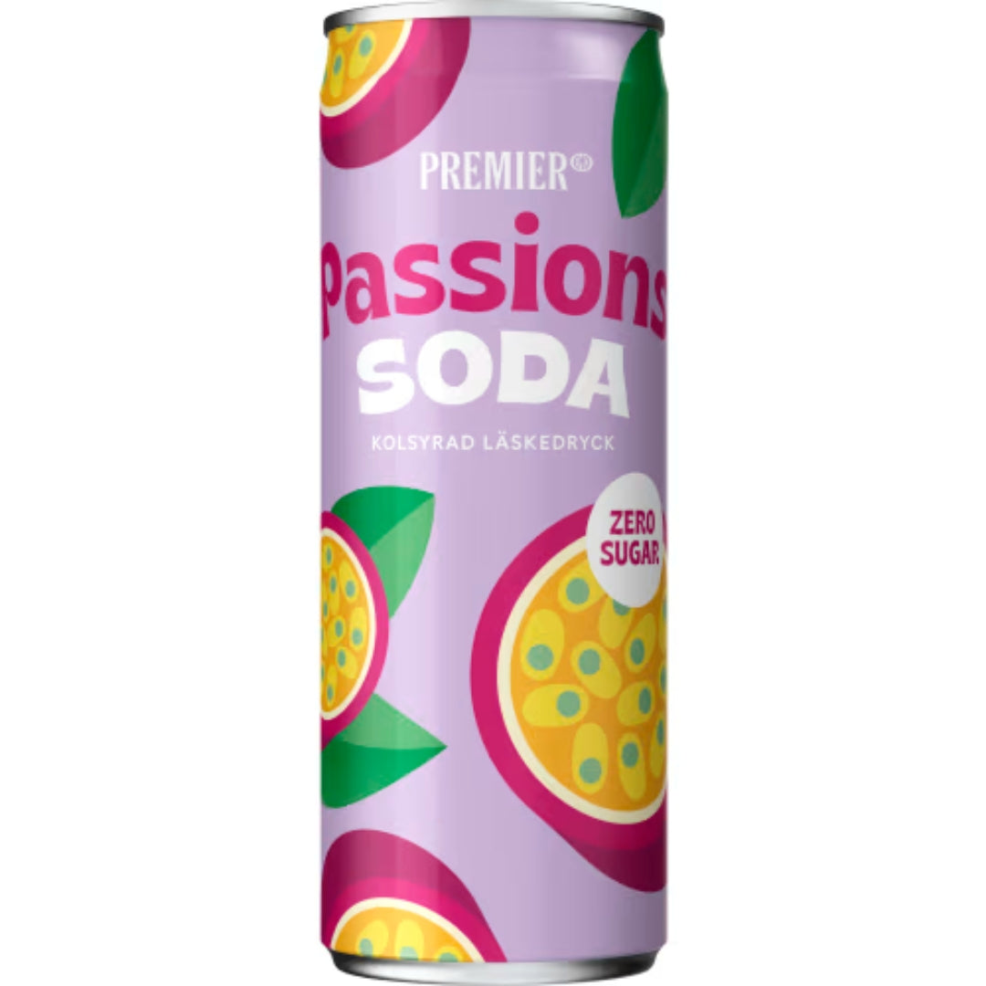 Premier Passionsoda Zero Läsk burk - Sugar-Free Carbonated Soft Drink with Passion Fruit Flavor 33cl