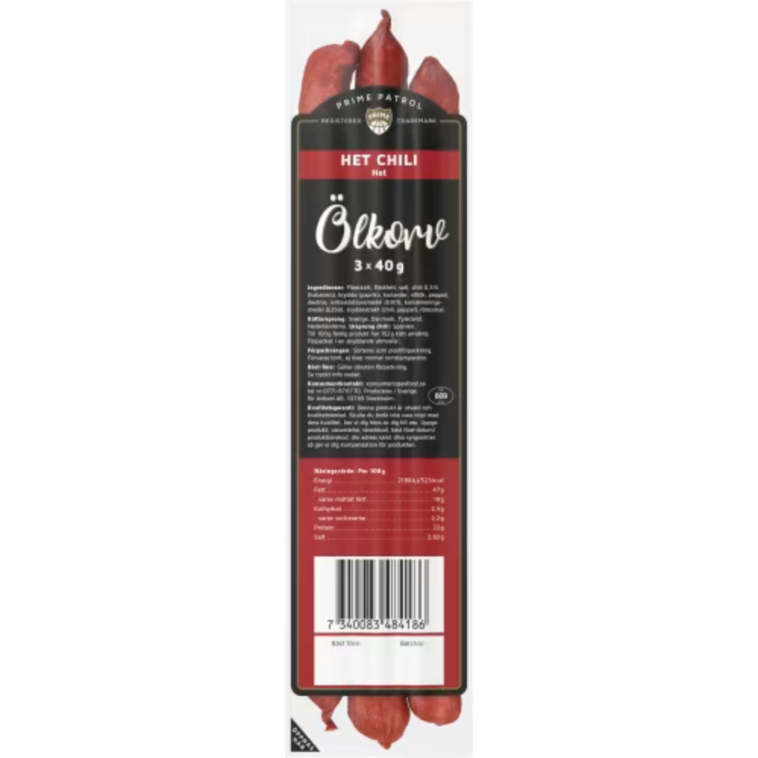Prime Patrol Het Chili Ölkorv 3-pack - Beer Sausage with Hot Chili Flavor 120g
