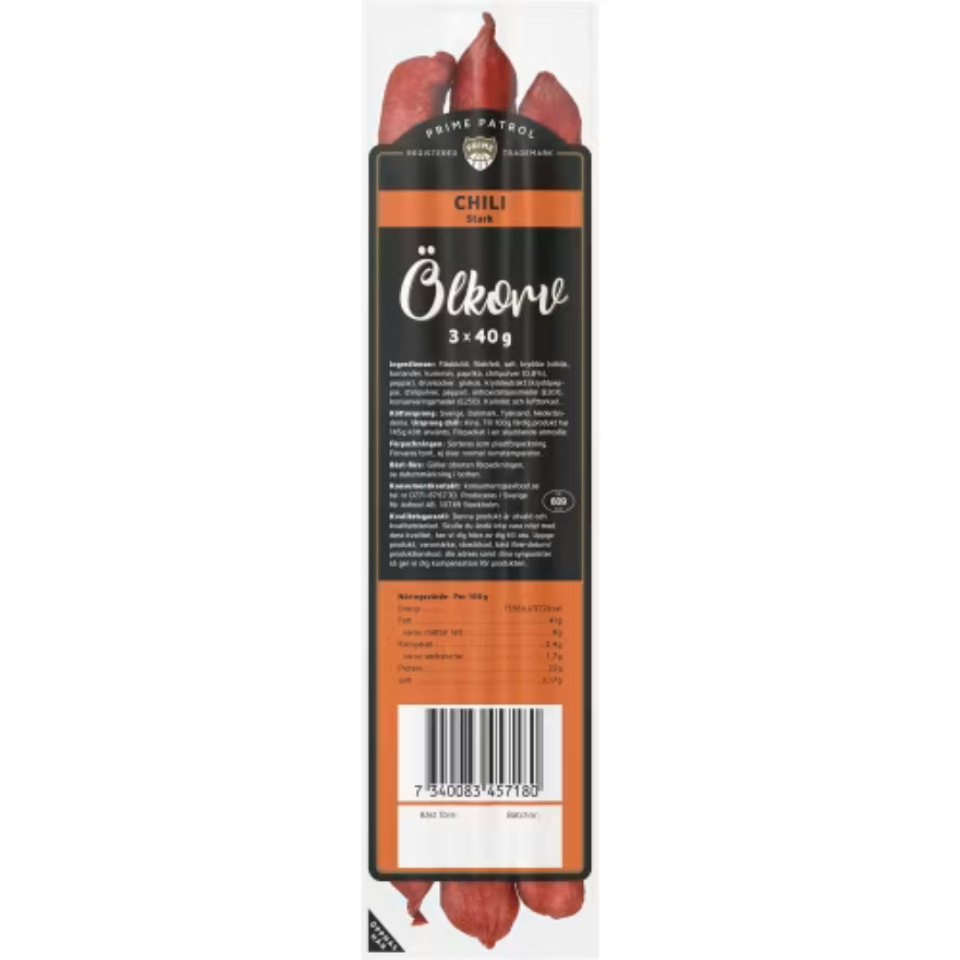 Prime Patrol Ölkorv Chili 3-pack - Beer Sausage with Spicy Chili Flavor 120g