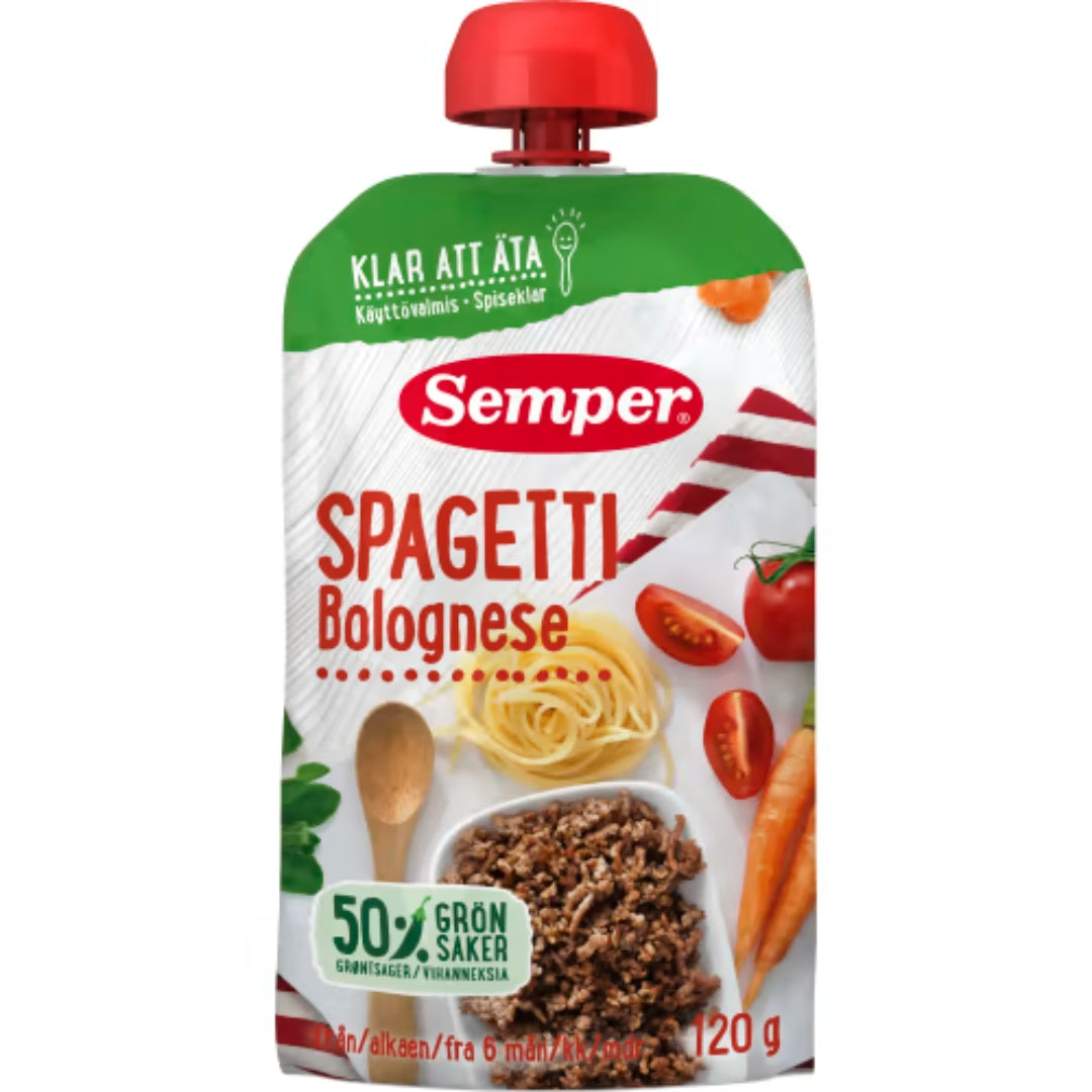 Semper Bolognese Spaghetti 6 Månader - Spaghetti Bolognese in a Squeeze Pouch 120g