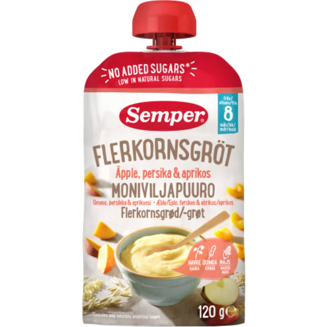 Semper Flerkornsgröt Äpple Persika 8 Månader - Multigrain Porridge Pouch Apple, Peach & Apricot 120g