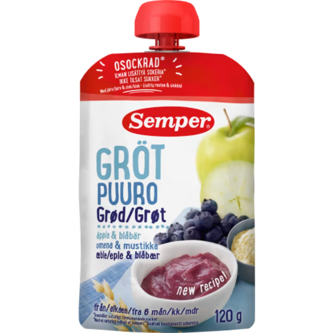 Semper Gröt Äpple Blåbär 6 Månader - Porridge Pouch Blueberry & Apple 120g