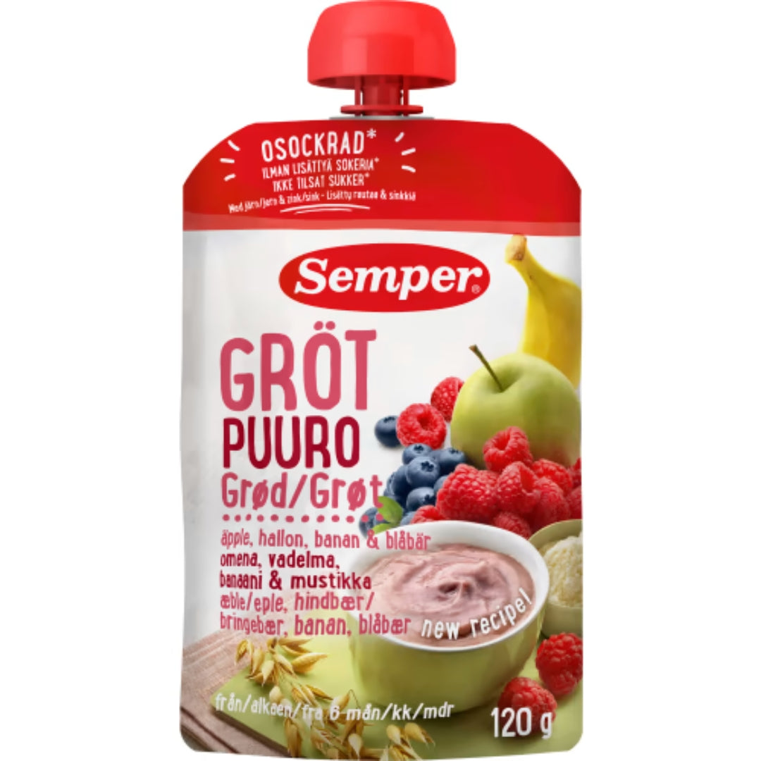 Semper Gröt Äpple Hallon Banan Blåbär 6 Månader - Porridge Pouch Apple, Raspberry, Banana & Blueberry 120g