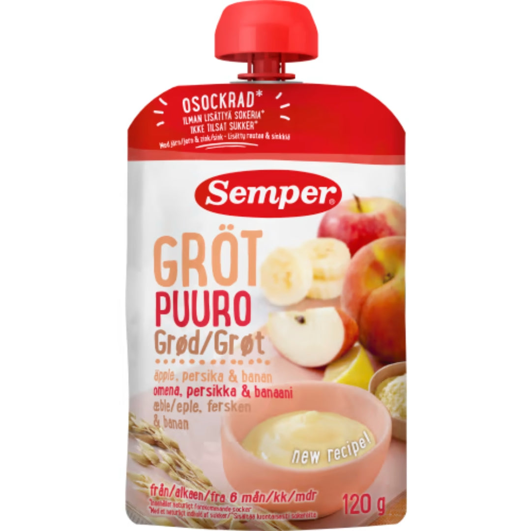 Semper Gröt Äpple Persika Banan 6 Månader - Fruit Porridge Pouch Apple, Peach & Banana 120g